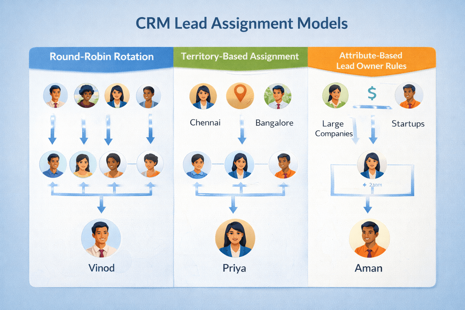 CRM lead assignment models diagram showing round-robin rotation, territory-based assignment, and attribute-based lead owner rules for a Chennai sales team configuration