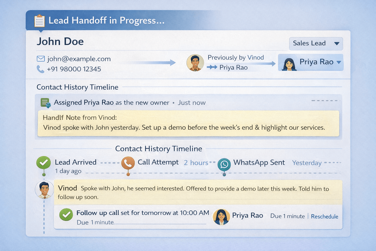CRM lead management software showing sales handoff process with previous owner notes, new lead owner assignment, handoff note, and auto-triggered follow-up task visible in the lead contact history timeline