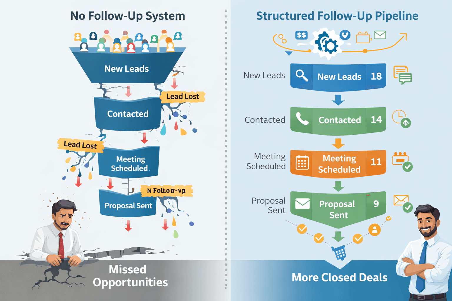 Comparison diagram showing sales leads dropping off without a follow-up system versus leads progressing through a structured automated follow-up pipeline for a Chennai sales team