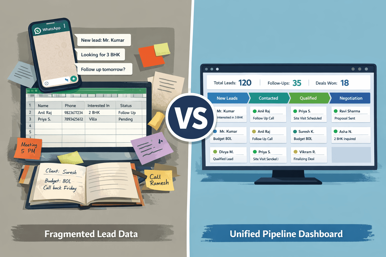 Comparison showing fragmented sales lead data across WhatsApp and Excel on the left versus a unified lead tracking software pipeline dashboard on the right for a Chennai sales team