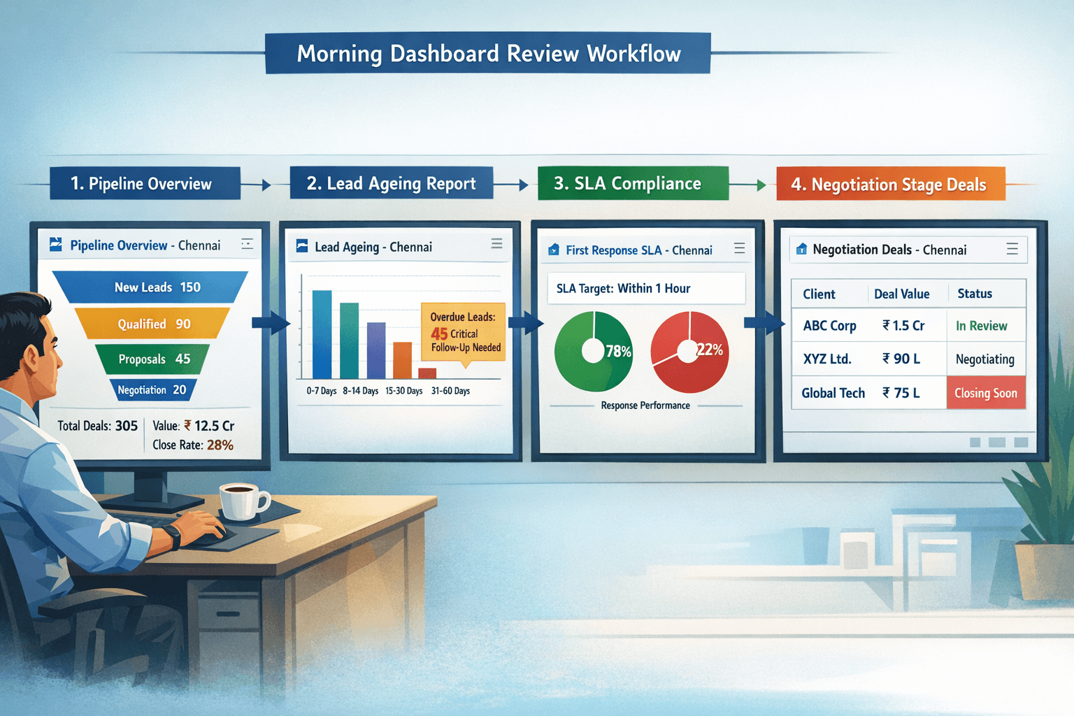 Sales manager morning dashboard review workflow in lead tracking software showing pipeline overview, lead ageing report, first response SLA compliance, and negotiation stage deal status for a Chennai sales team