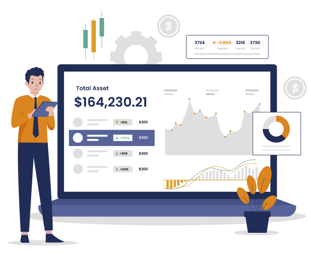 Asset management hero banner showing mobile and web dashboard with live asset counts.