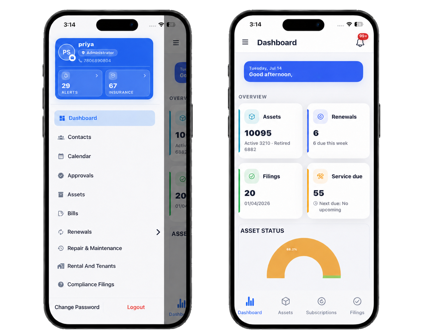Tazk Asset App shown on two phones — asset dashboard and asset status.