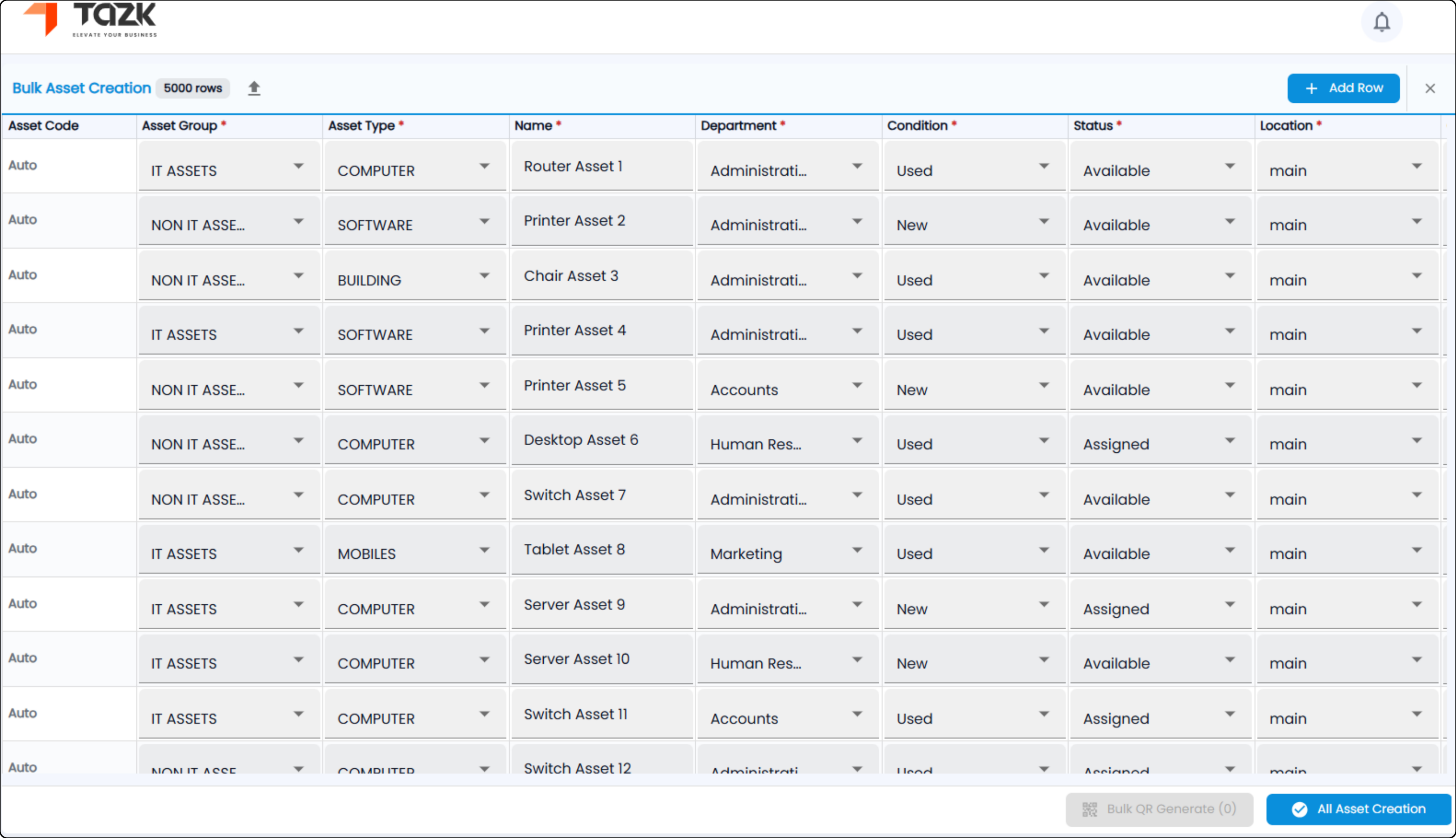 Bulk asset creation spreadsheet view