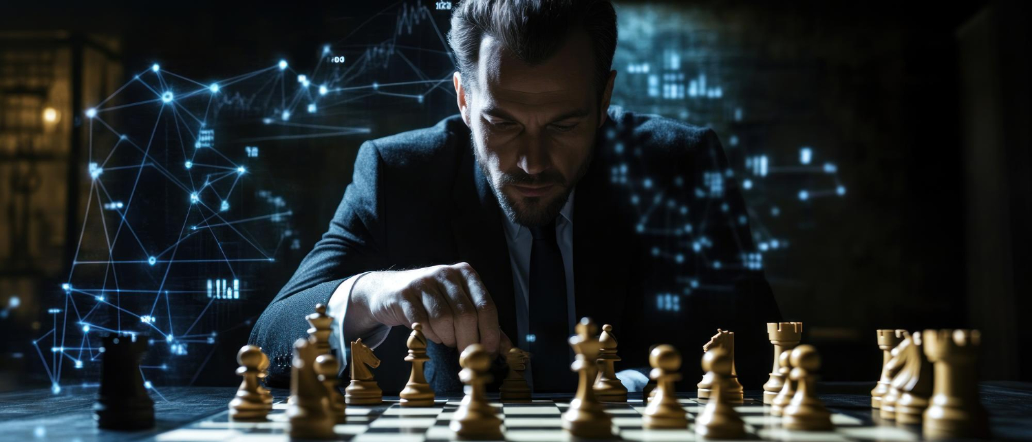 Business leader planning a move on a chessboard against a network of data connections, illustrating the gap between AI strategy on paper and AI execution in daily operations