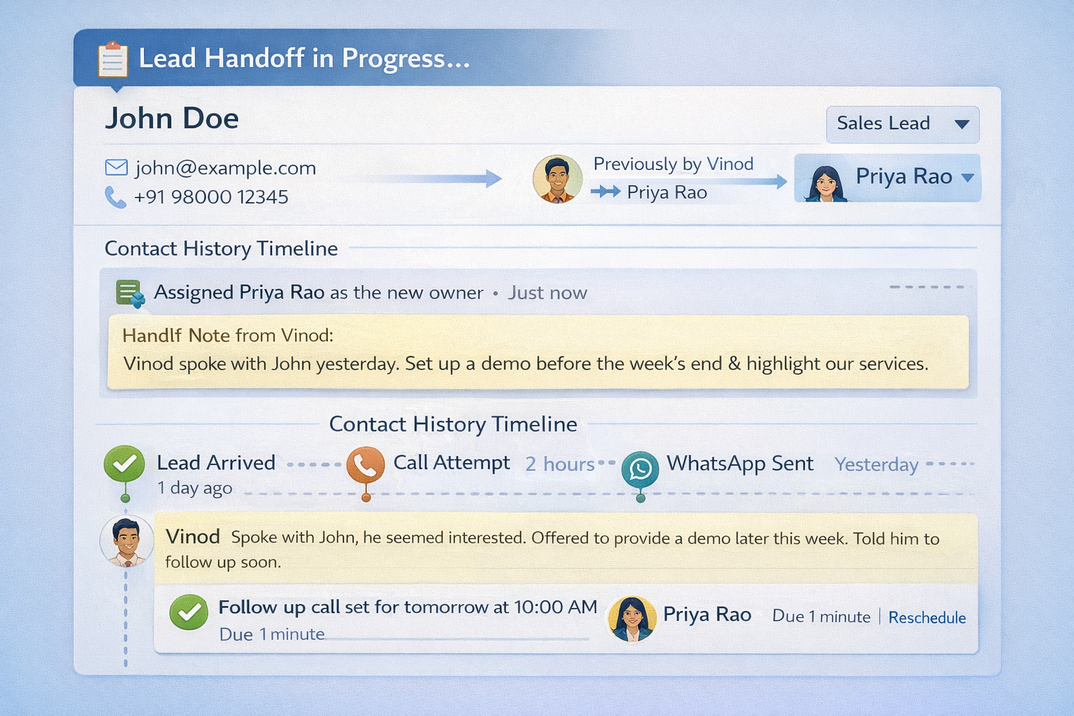 CRM lead management software showing sales handoff process with previous owner notes, new lead owner assignment, handoff note, and auto-triggered follow-up task visible in the lead contact history timeline