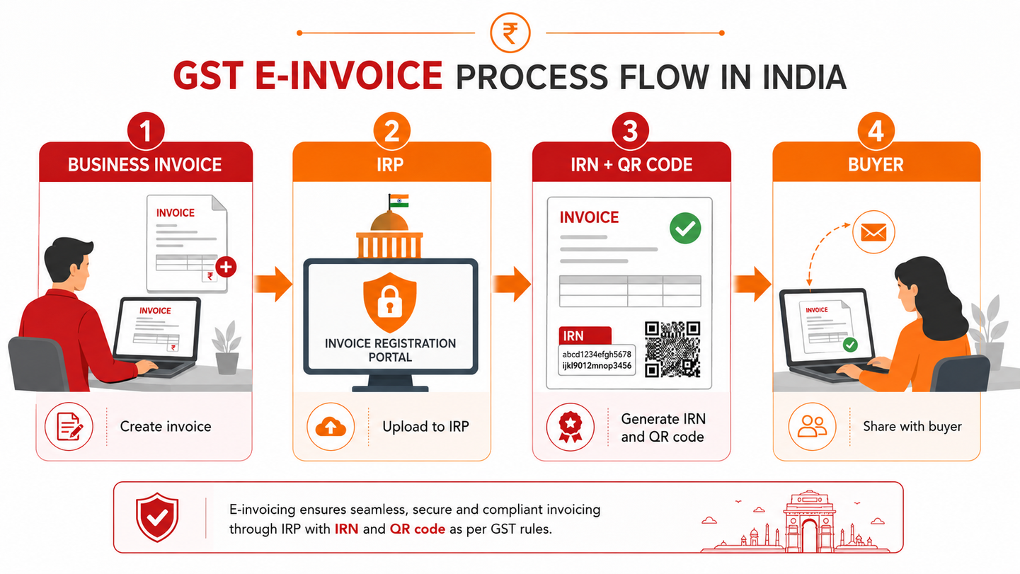 GST e-invoice IRN QR code IRP process India 2026