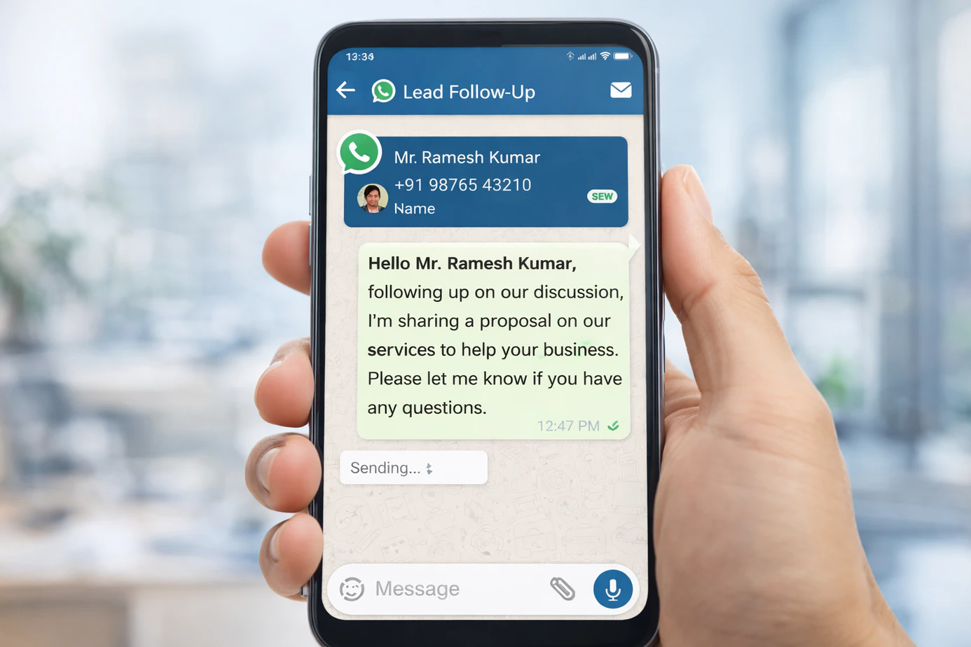 Mobile screen showing automated WhatsApp follow-up message sent through lead follow up software integrated with WhatsApp Business API for a Chennai sales representative