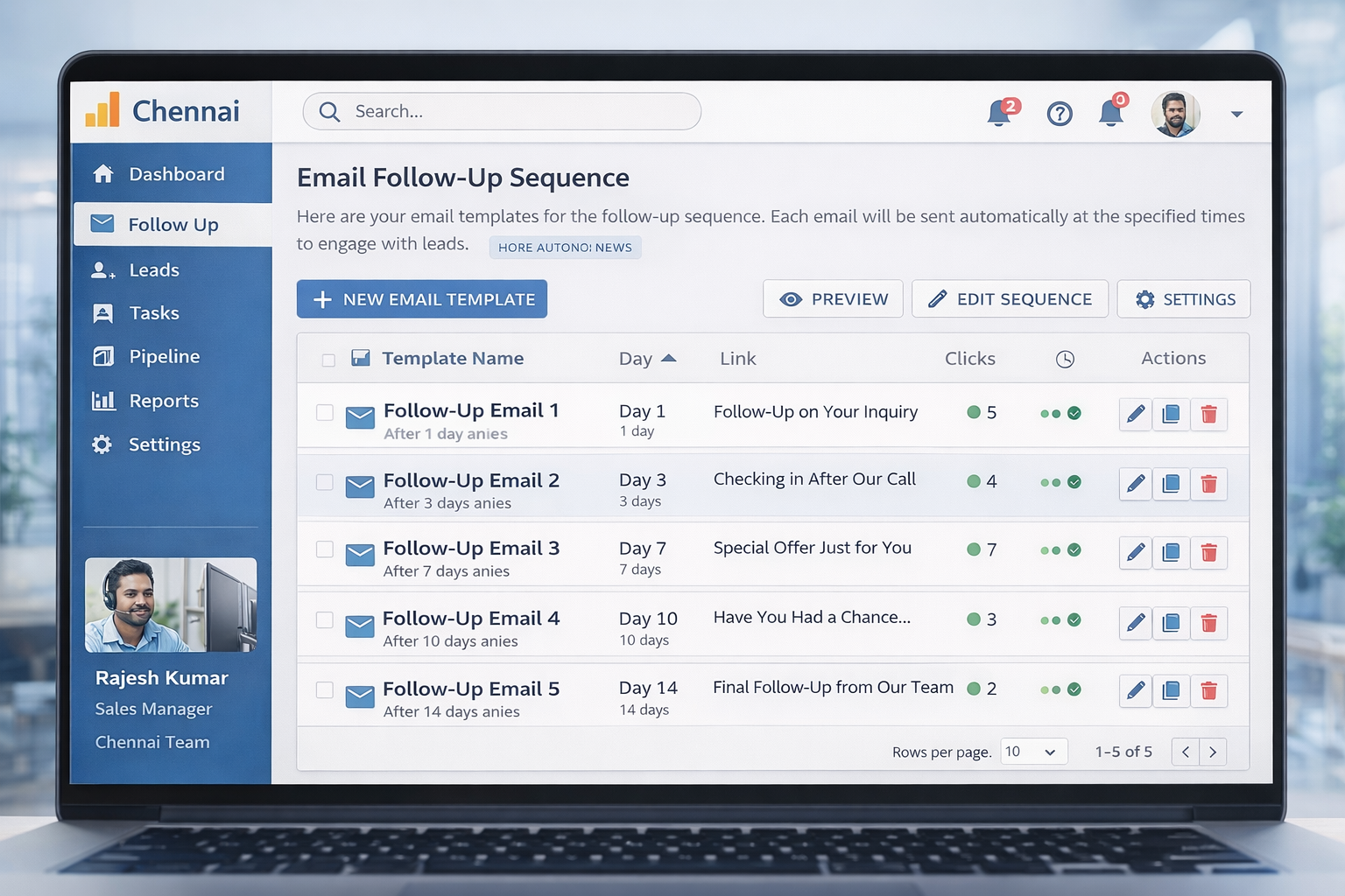 Email follow-up sequence templates displayed inside lead follow up software interface used by a Chennai B2B sales team for prospect communication