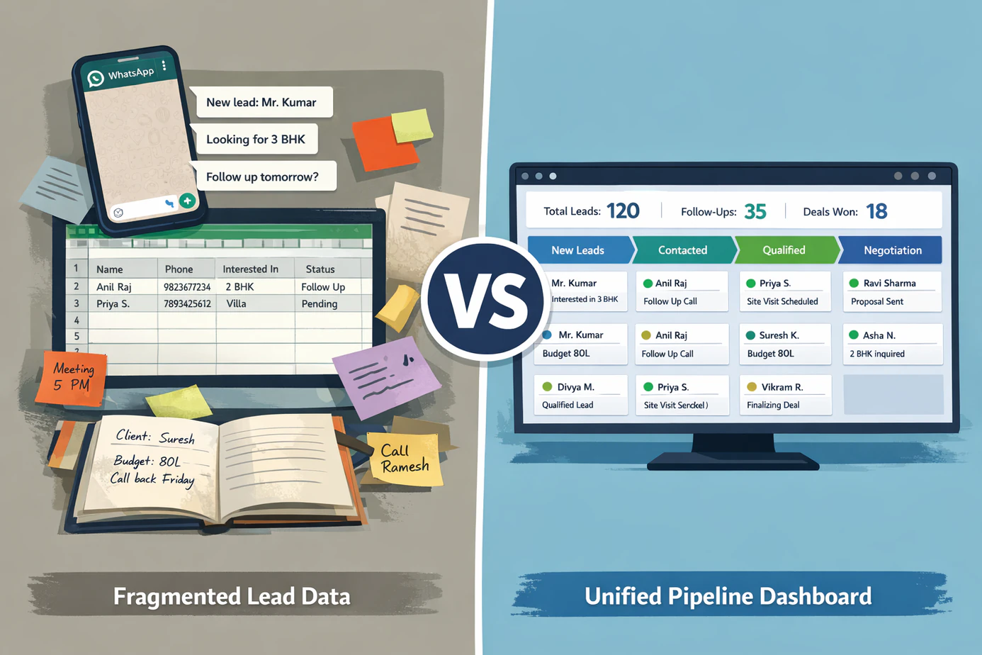 Comparison showing fragmented sales lead data across WhatsApp and Excel on the left versus a unified lead tracking software pipeline dashboard on the right for a Chennai sales team