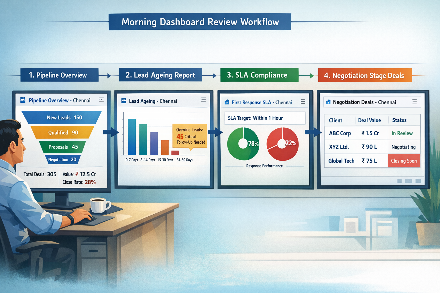 Sales manager morning dashboard review workflow in lead tracking software showing pipeline overview, lead ageing report, first response SLA compliance, and negotiation stage deal status for a Chennai sales team