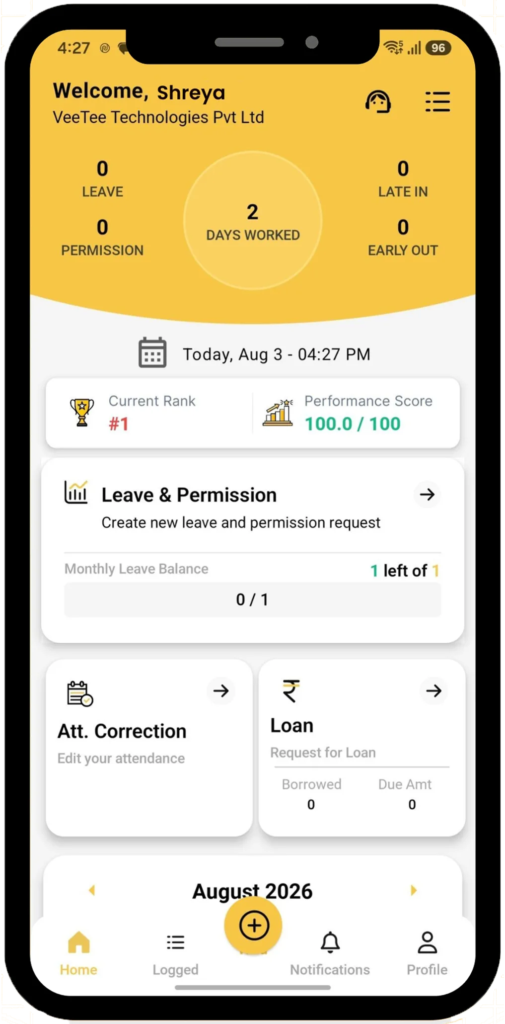 TAZK Payroll & HRMS dashboard on mobile