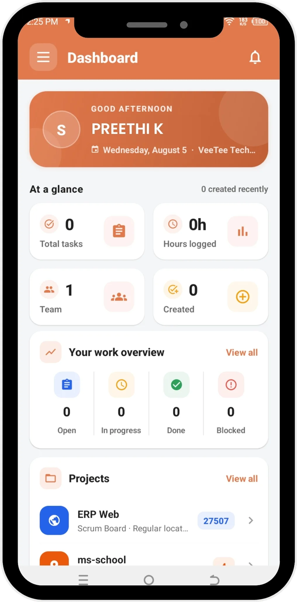 TAZK Projects dashboard on mobile