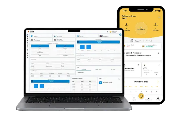Tazk payroll management software — dashboard on laptop with the MAPS mobile attendance app.