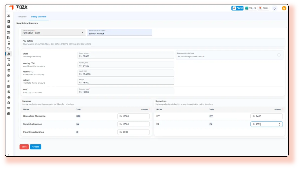 Tazk payroll salary structure screen showing CTC components, allowances, and deductions.