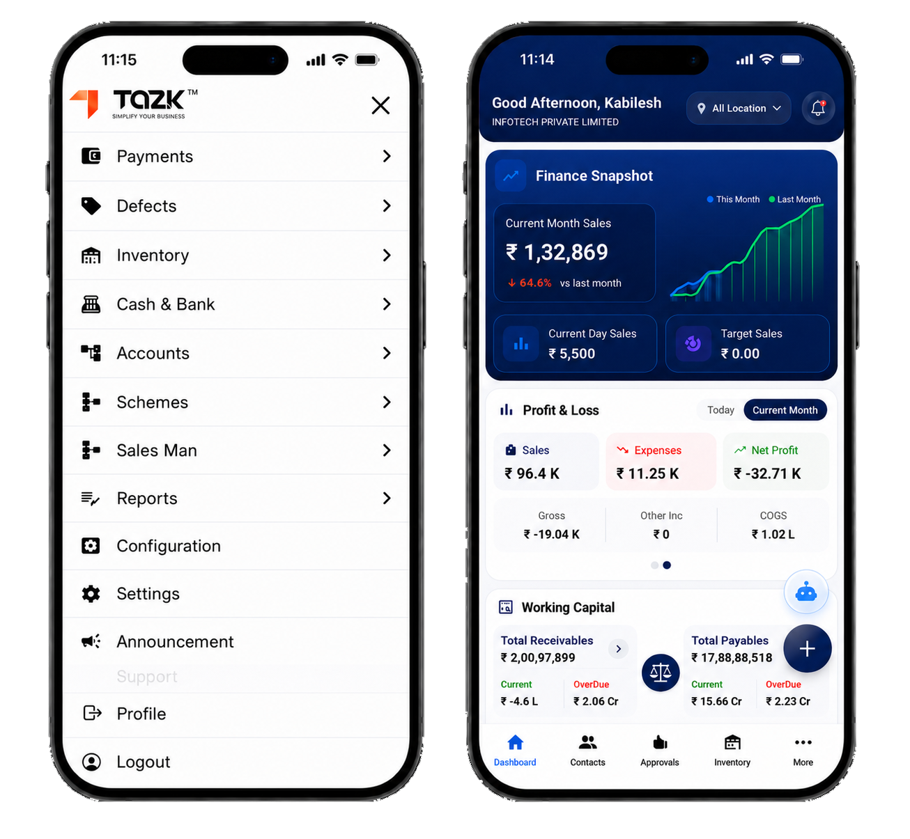 Tazk Field Sales App shown on two Android phones — menu and finance dashboard.
