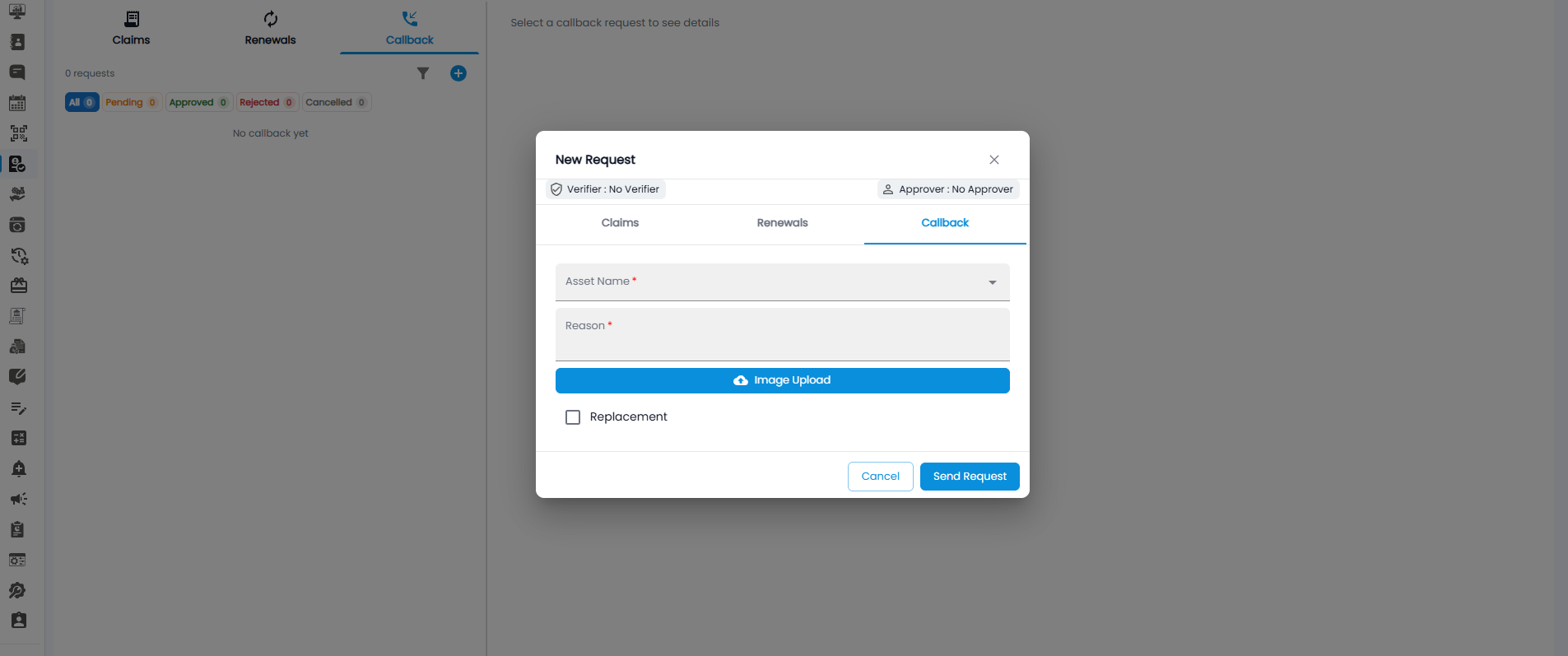 New Request form on the Callback tab with Asset Name, Reason, Image Upload, and a Replacement checkbox
