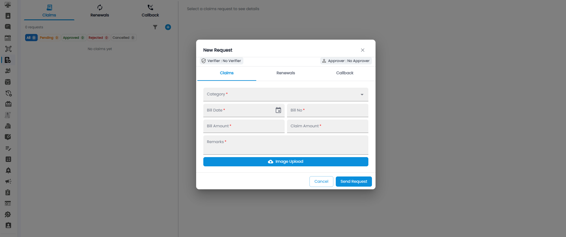 New Request form on the Claims tab with Category, Bill Date, Bill No, Bill Amount, Claim Amount, Remarks, and Image Upload