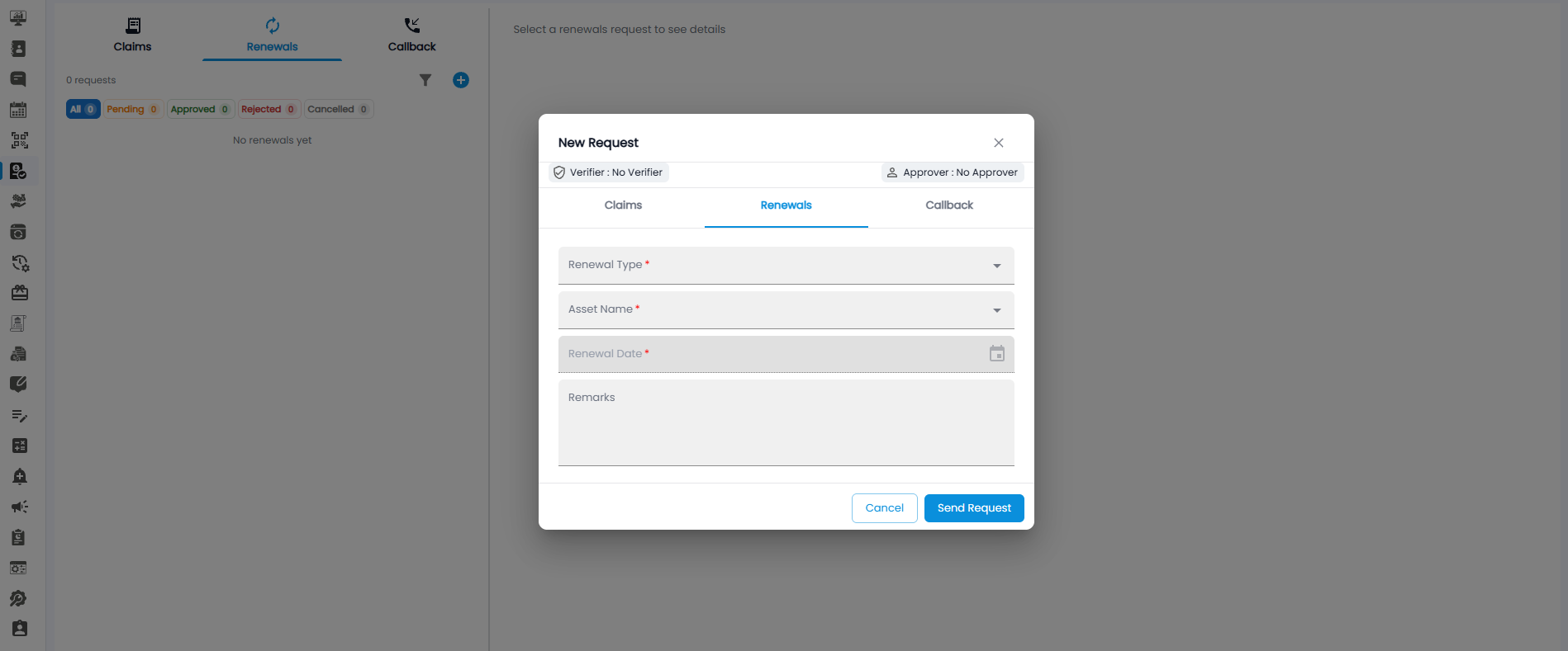 New Request form on the Renewals tab with Renewal Type, Asset Name, Renewal Date, and Remarks