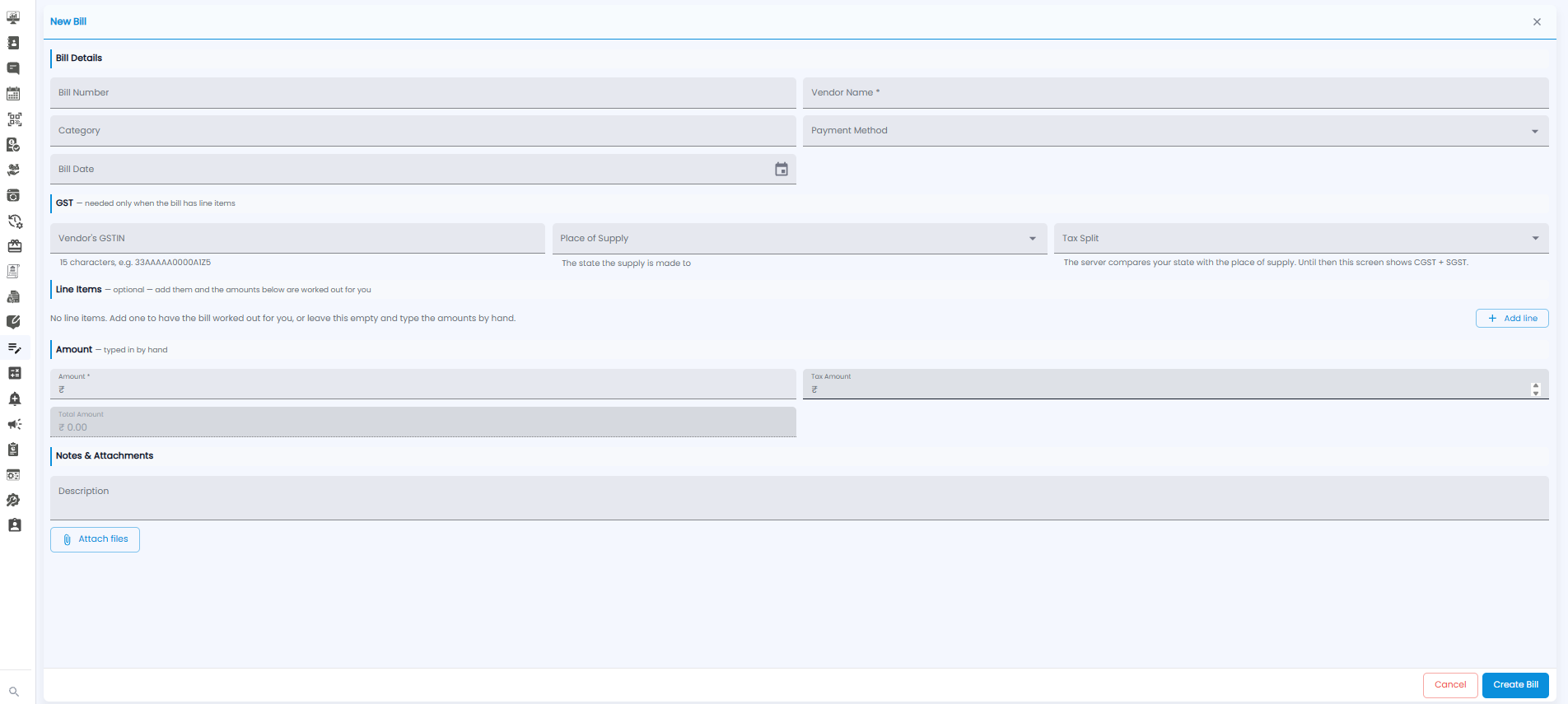 New Bill form with Bill Details, GST, Line Items, Amount, and Notes & Attachments sections