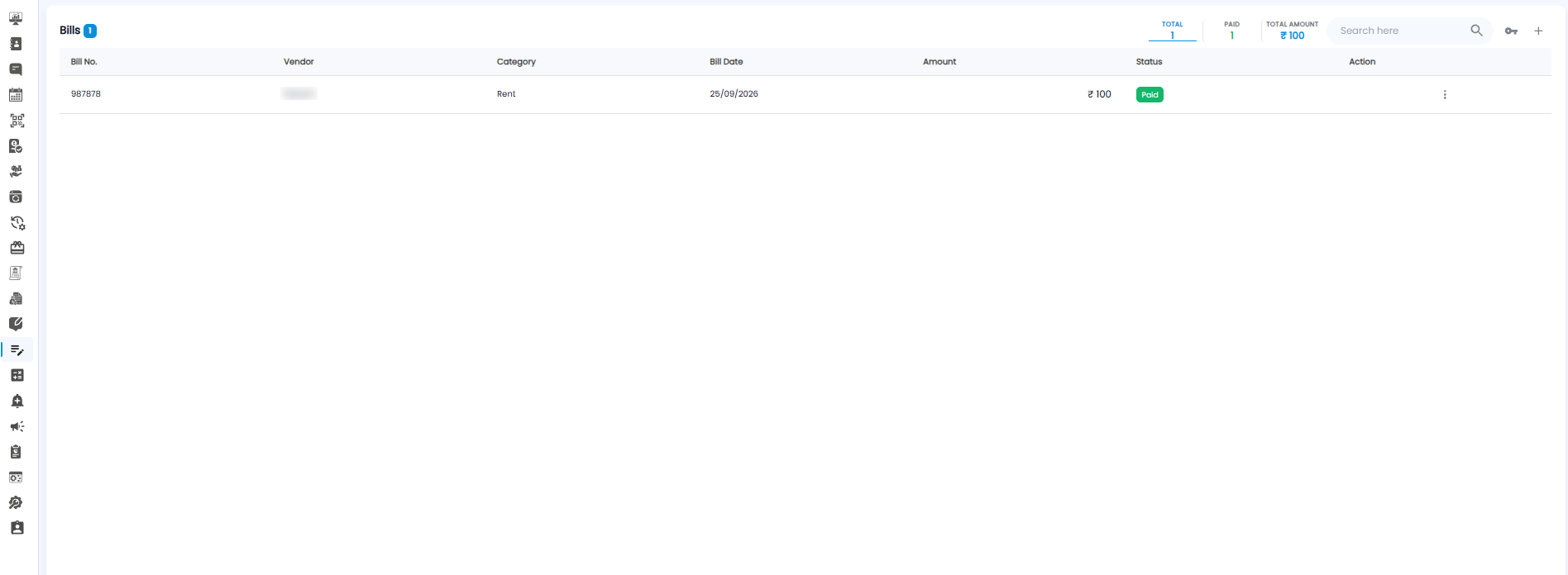 Bills list with Total, Paid, and Total Amount counters, a search box, and a table of bills
