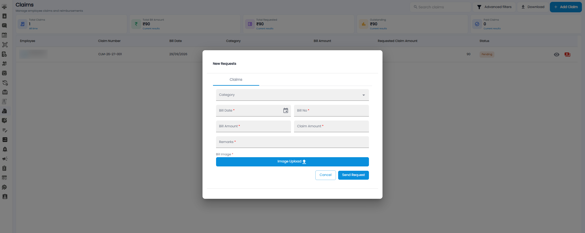 New Requests form on the Claims tab with Category, Bill Date, Bill No, Bill Amount, Claim Amount, Remarks, and Bill Image upload
