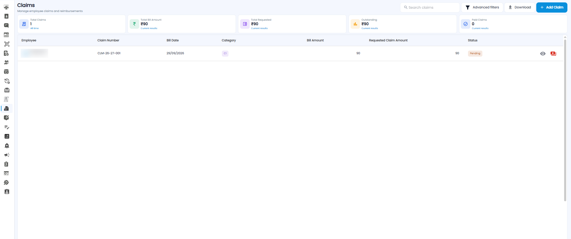 Claims page with summary cards — Total Claims, Total Bill Amount, Total Requested, Outstanding, Paid Claims — and a table of claims