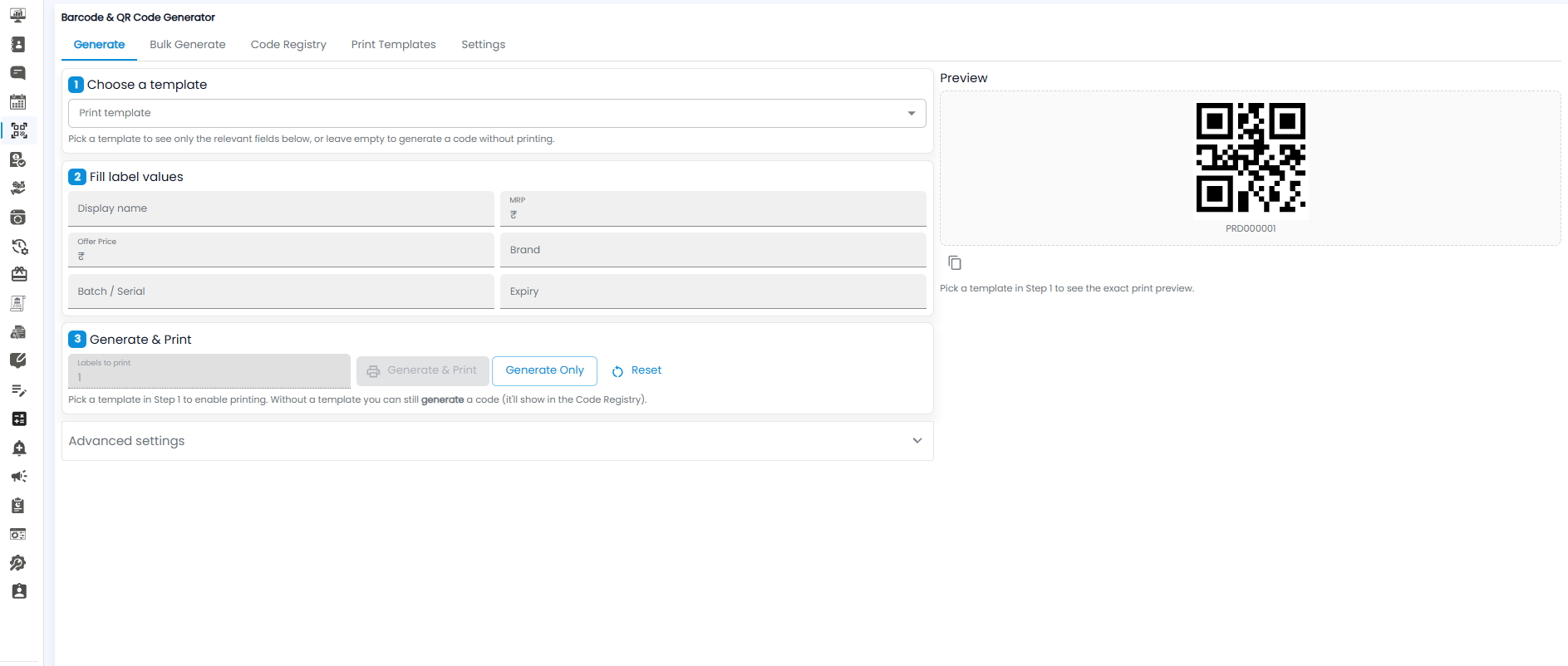 Generate tab with three steps — Choose a template, Fill label values, Generate & Print — and a QR code preview on the right