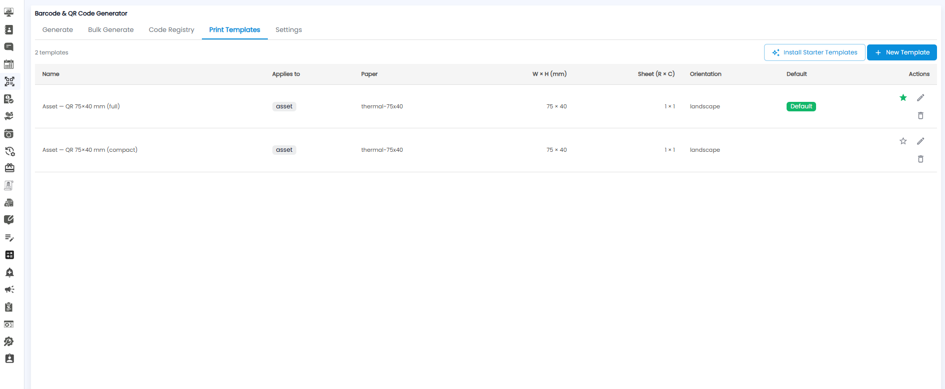 Print Templates tab with Install Starter Templates and New Template buttons and a list of two asset templates
