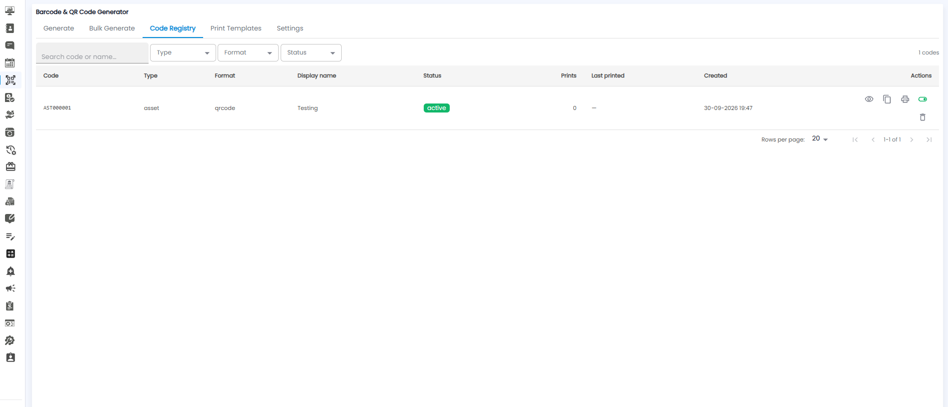 Code Registry tab with search, Type, Format, and Status filters and a table of generated codes with actions