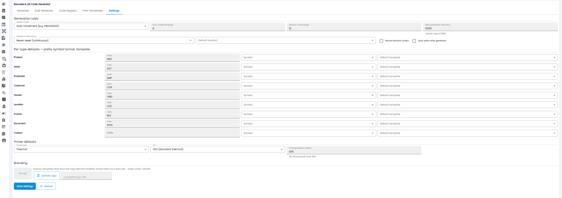 Codes Settings tab with Generation rules, Per-type defaults, Printer defaults, and Branding sections