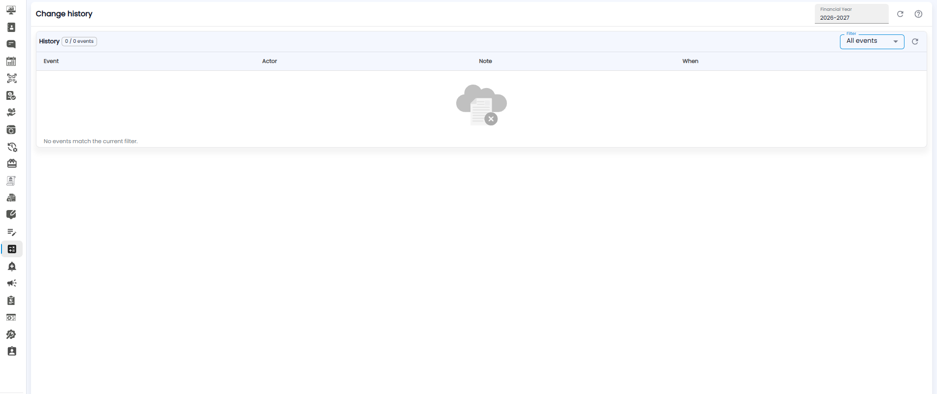 Change history page for financial year 2026-2027 with an All events filter and Event, Actor, Note, and When columns