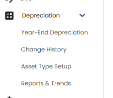 Depreciation menu expanded in the sidebar, showing Year-End Depreciation, Change History, Asset Type Setup, and Reports & Trends