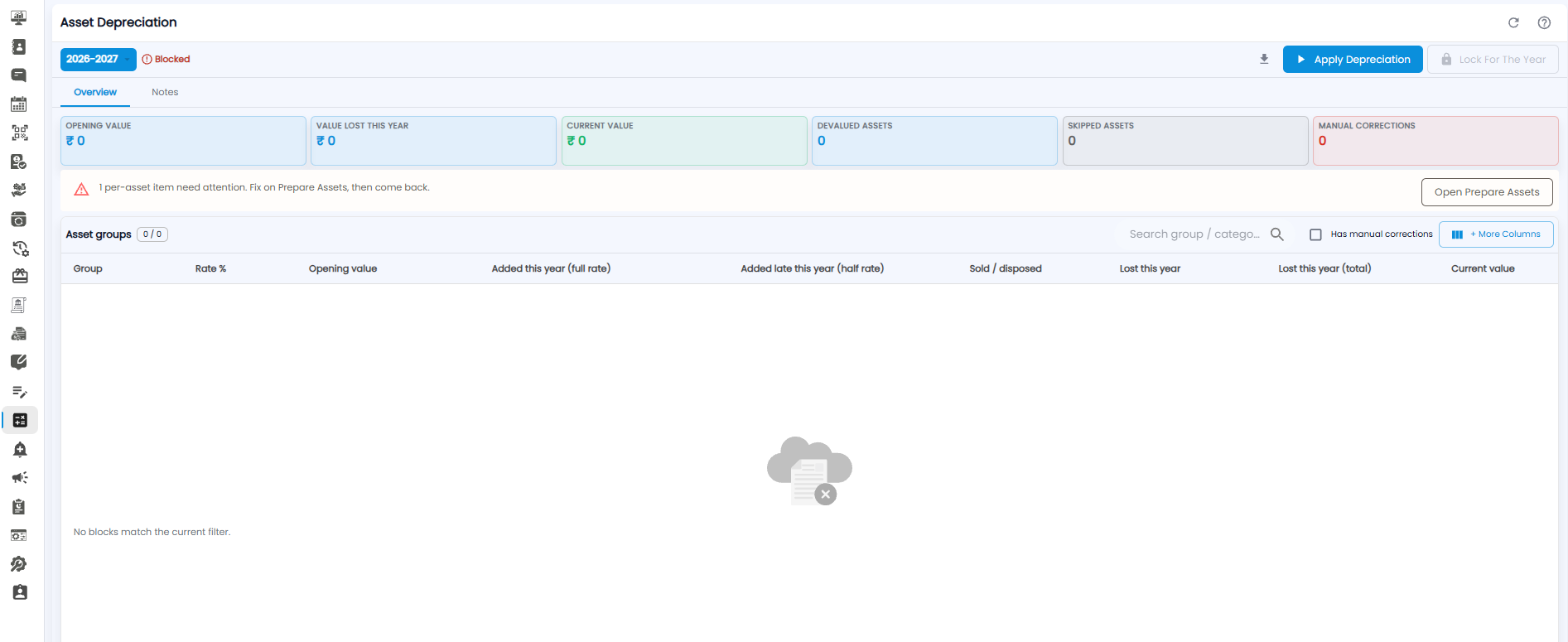 Asset Depreciation page for 2026-2027 showing summary cards, an attention message with Open Prepare Assets, and the Asset groups table
