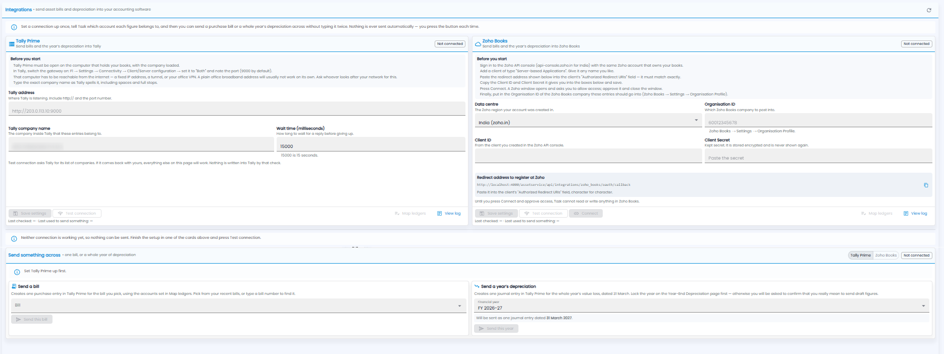 Integrations page with the Tally Prime and Zoho Books connection cards and the Send something across section