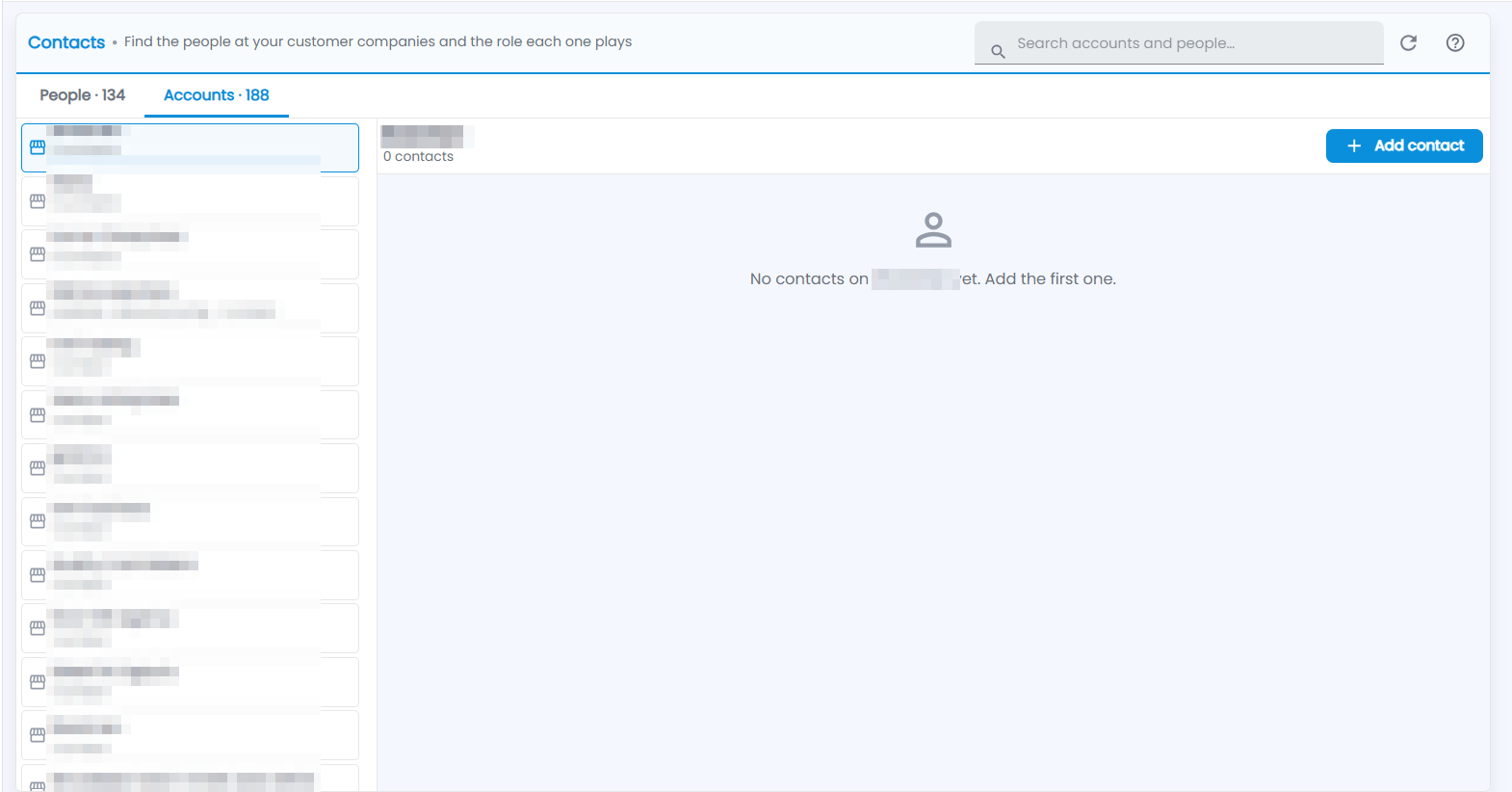 Tazk CRM Account Contacts on the Accounts tab: accounts on the left with their contact counts, and the selected account on the right with Add contact (names hidden)