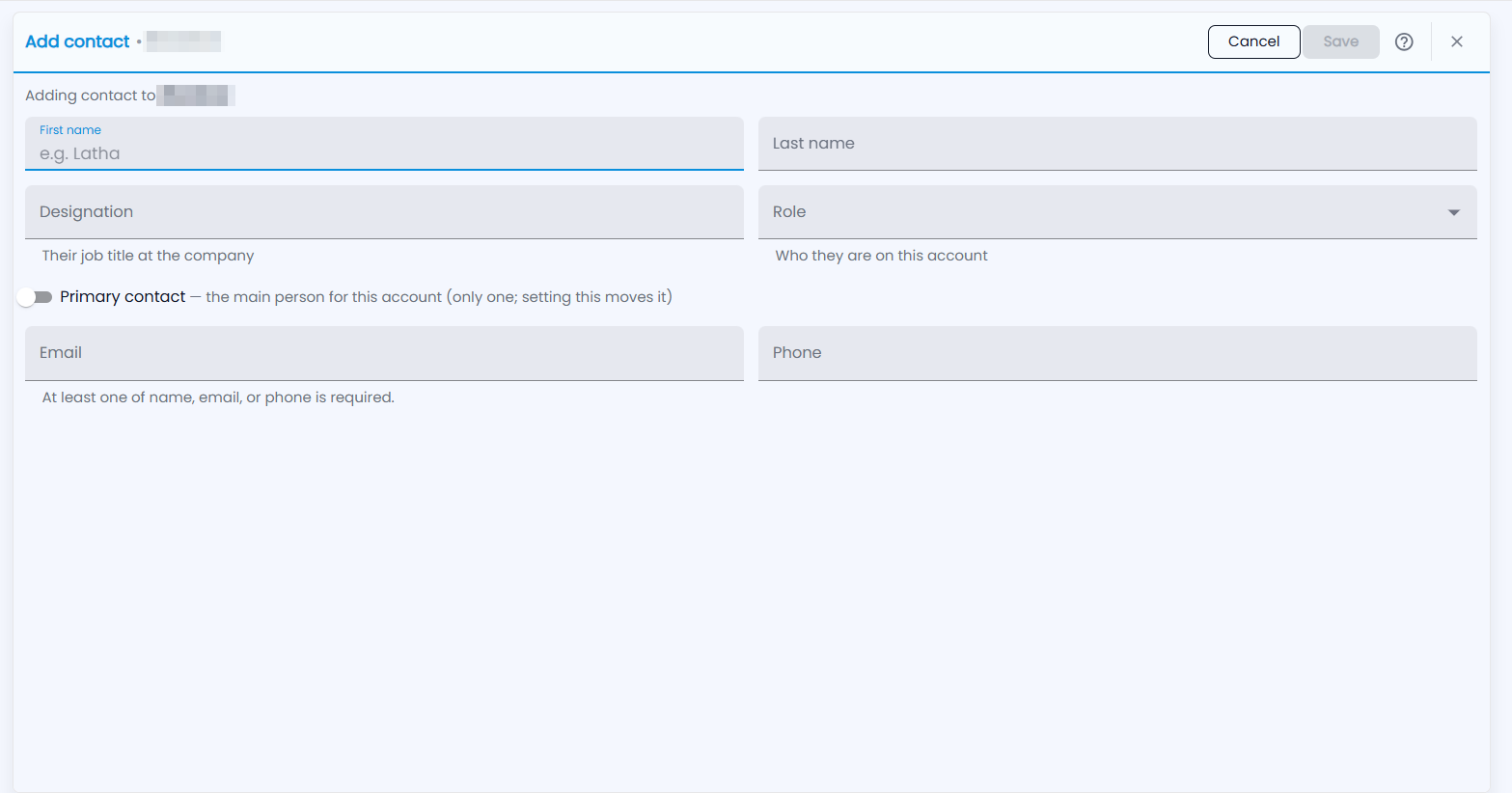 Tazk CRM Add contact form: first name, last name, designation, role, the Primary contact switch, email and phone (account name hidden)