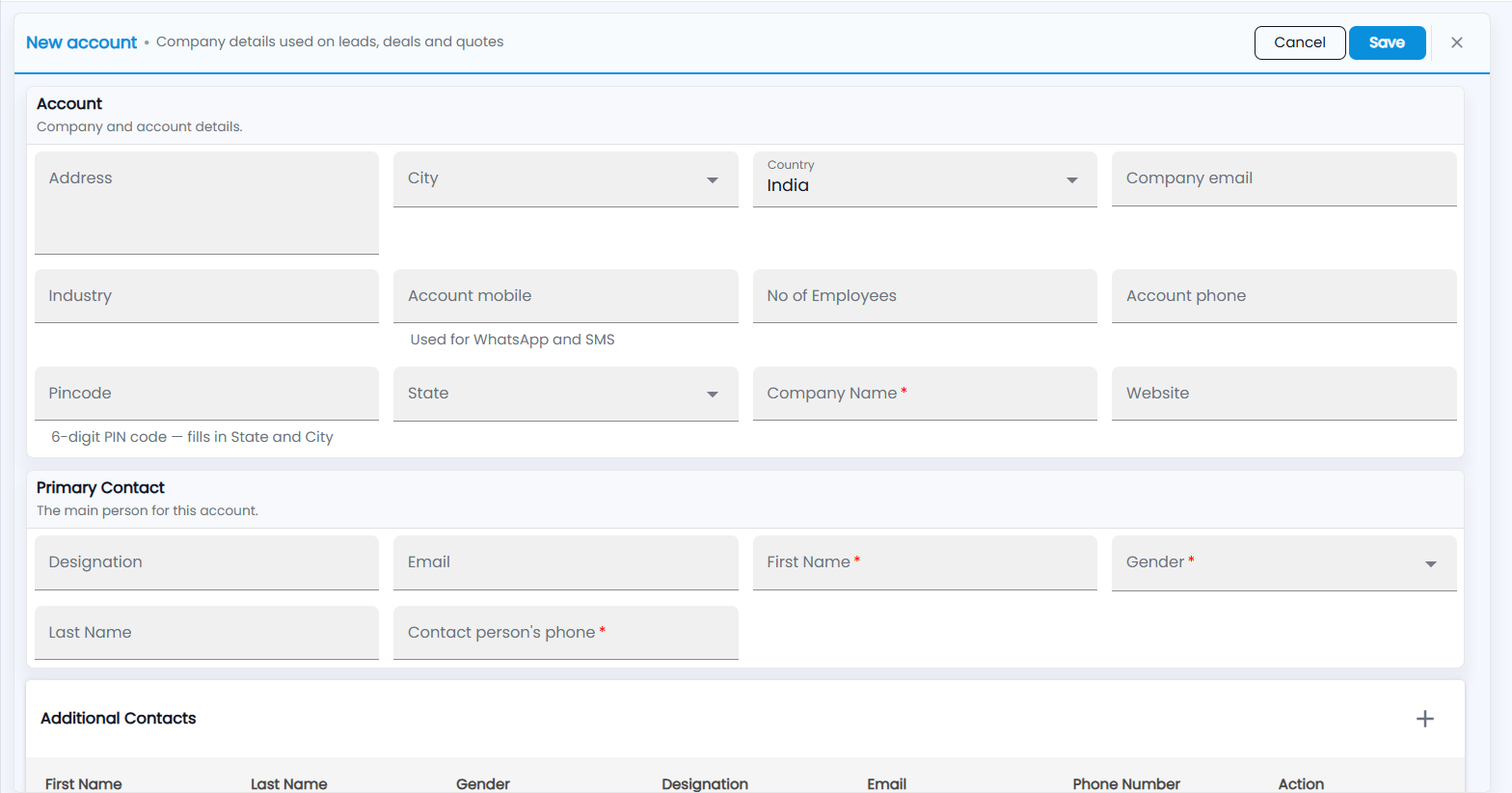 Tazk CRM New account form with the Account section, the Primary Contact section and the Additional Contacts table