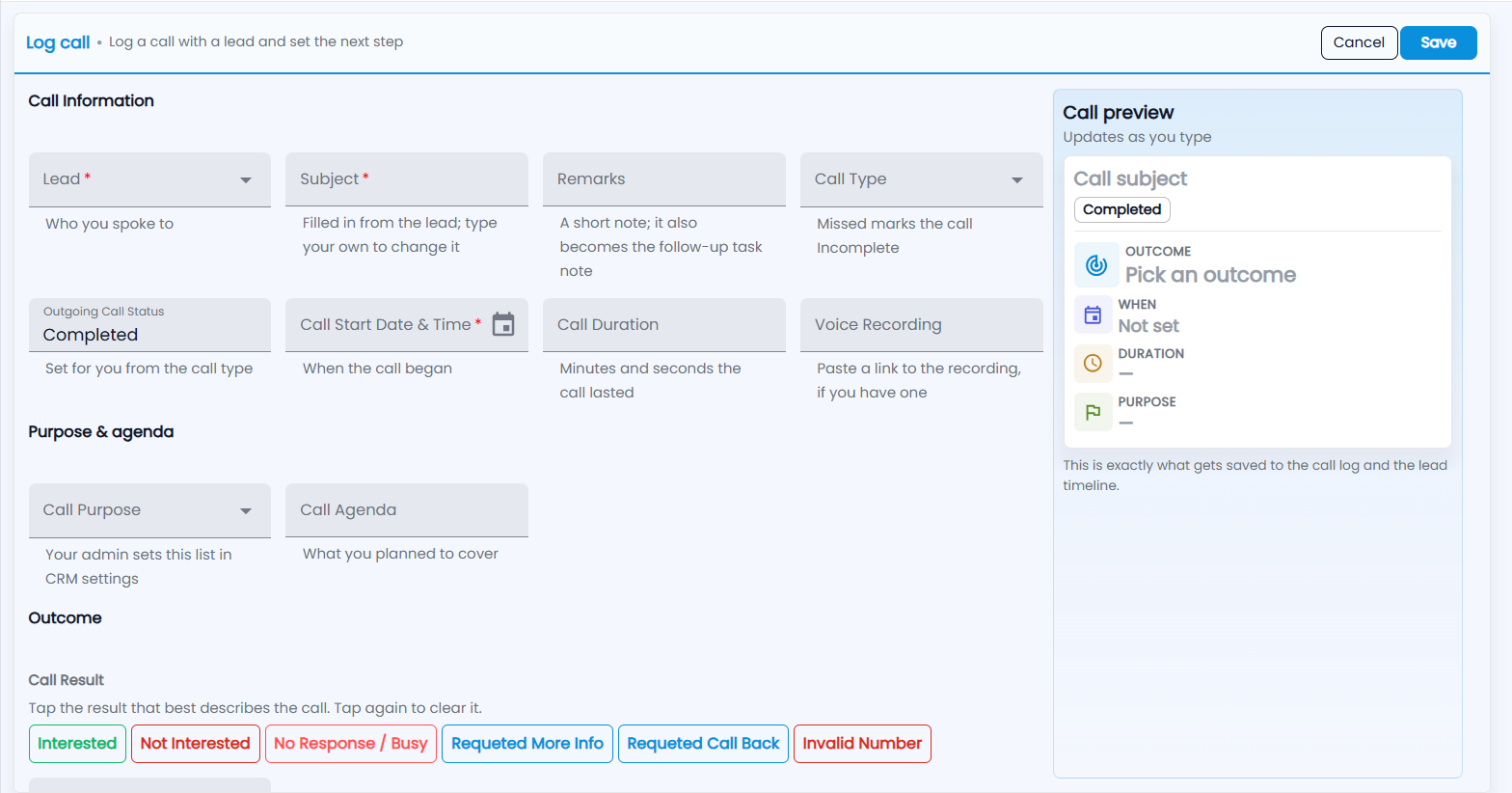 Tazk CRM Log call form: lead, subject, remarks, call type, call status, start date and time, duration, voice recording, purpose, agenda and call result chips, with a call preview on the right