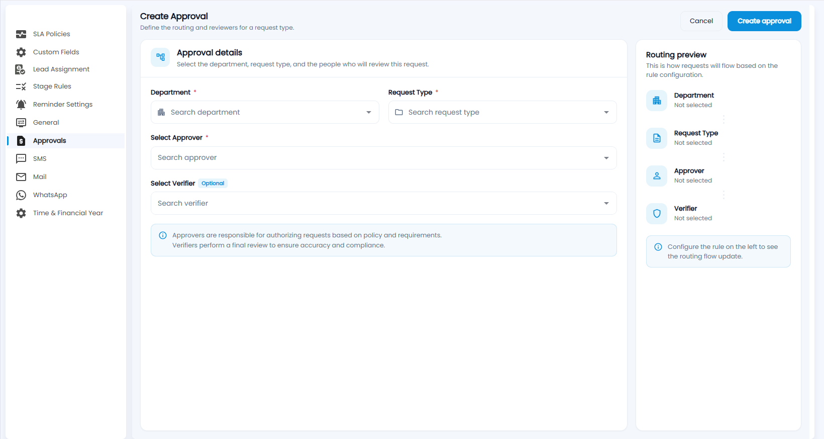 Tazk CRM Create Approval with department, request type, approver, the optional verifier, and the routing preview