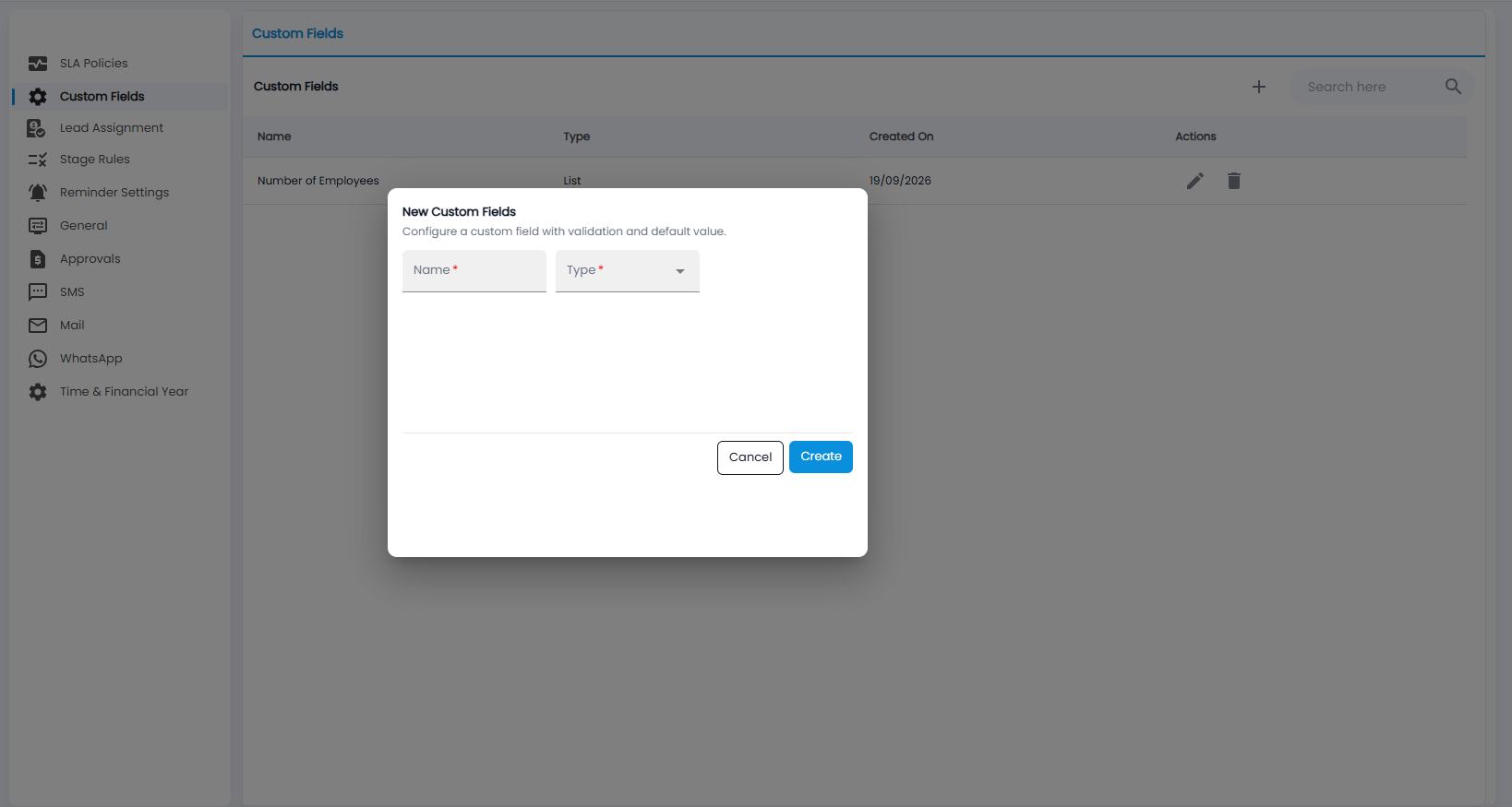 Tazk CRM New Custom Fields dialog with name and type