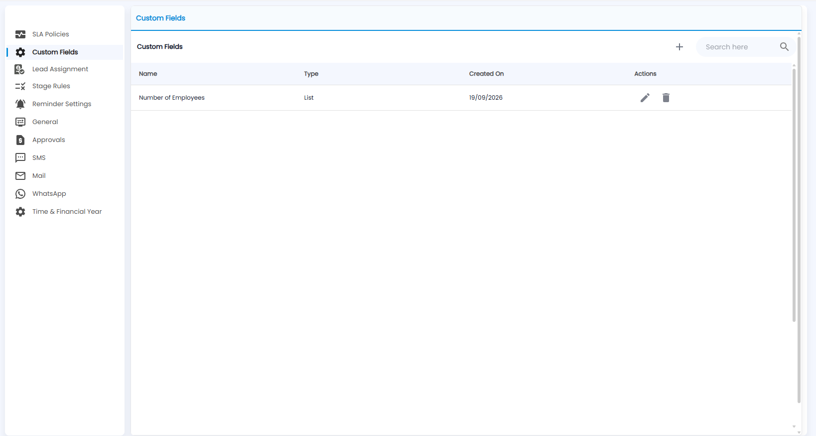 Tazk CRM Configuration, Custom Fields list with name, type, created on and edit and delete