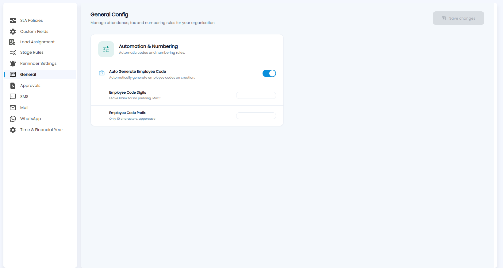 Tazk CRM Configuration, General Config with the Automation and Numbering card: auto generate employee code, employee code digits and prefix