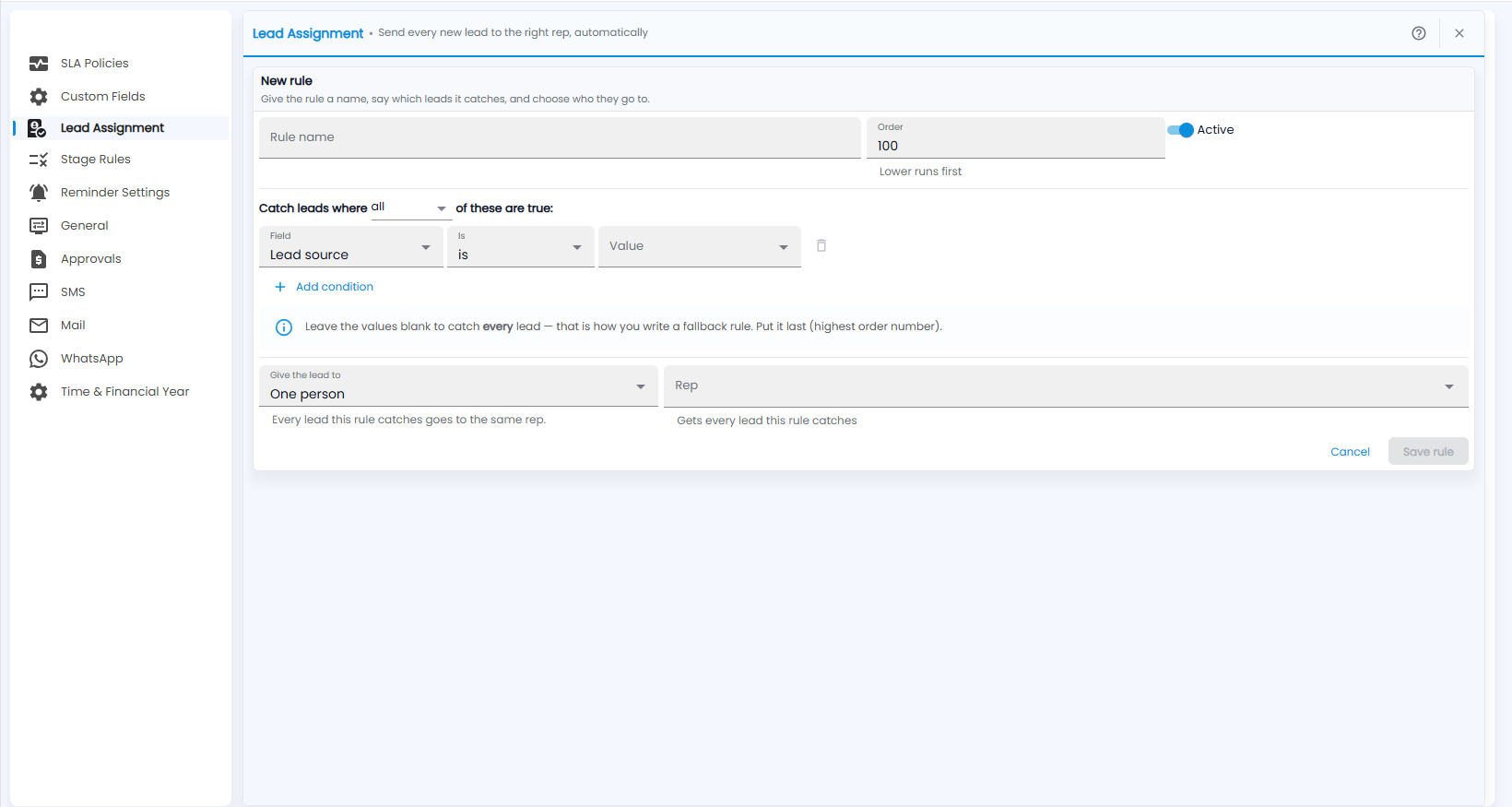 Tazk CRM New rule form with rule name, order, Active, the Catch leads where conditions, and Give the lead to with Rep