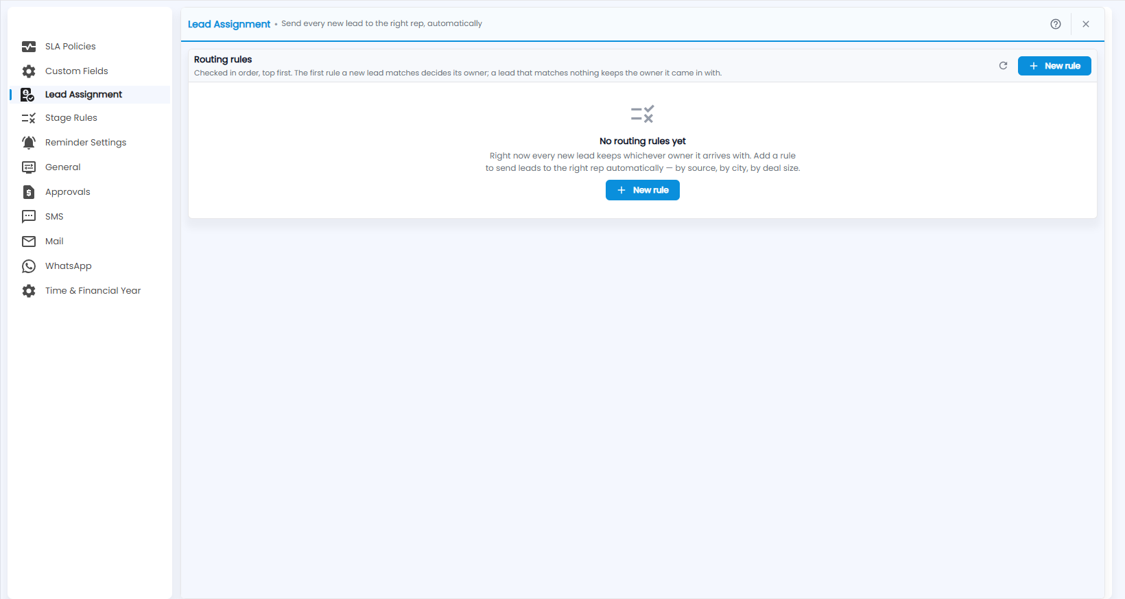Tazk CRM Configuration, Lead Assignment with No routing rules yet and New rule