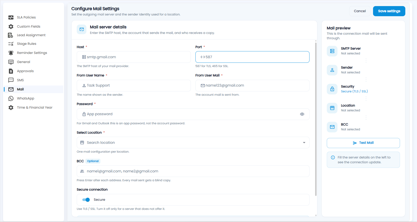 Tazk CRM Configure Mail Settings with host, port, from user name, from user mail, password, location, BCC and secure connection, the mail preview and Test Mail