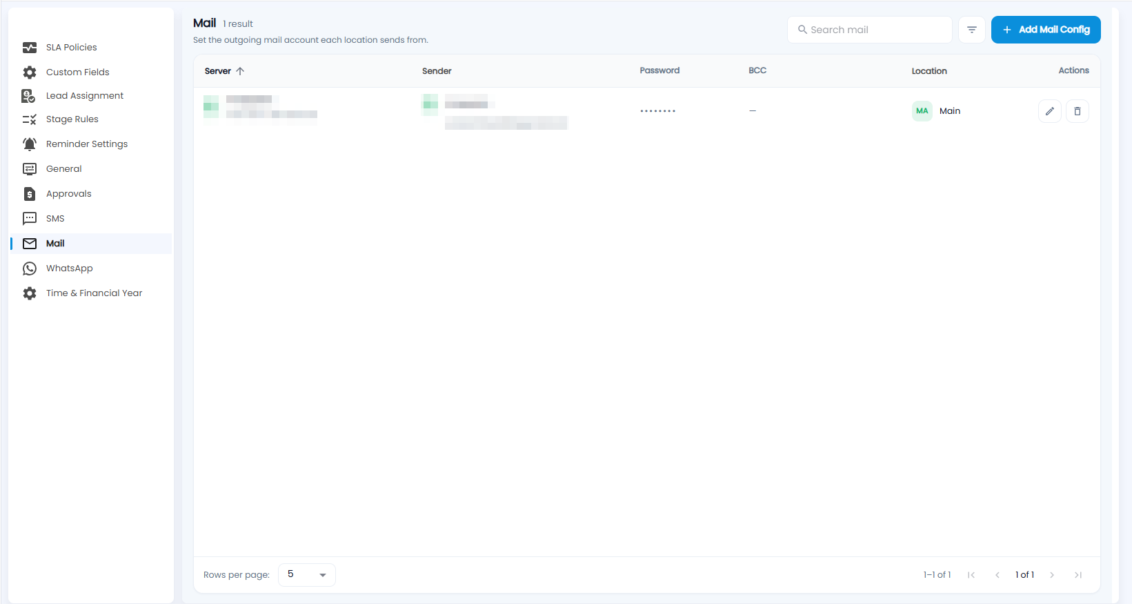 Tazk CRM Configuration, Mail list with server, sender, password, BCC, location and actions (sender hidden)