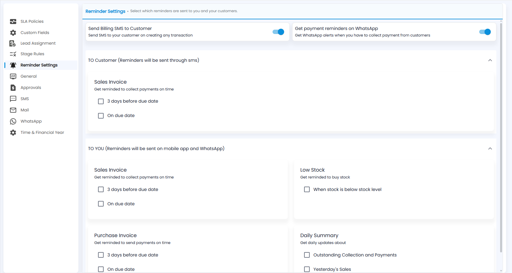 Tazk CRM Configuration, Reminder Settings with the billing SMS and WhatsApp payment reminder switches and reminders to customers and to you