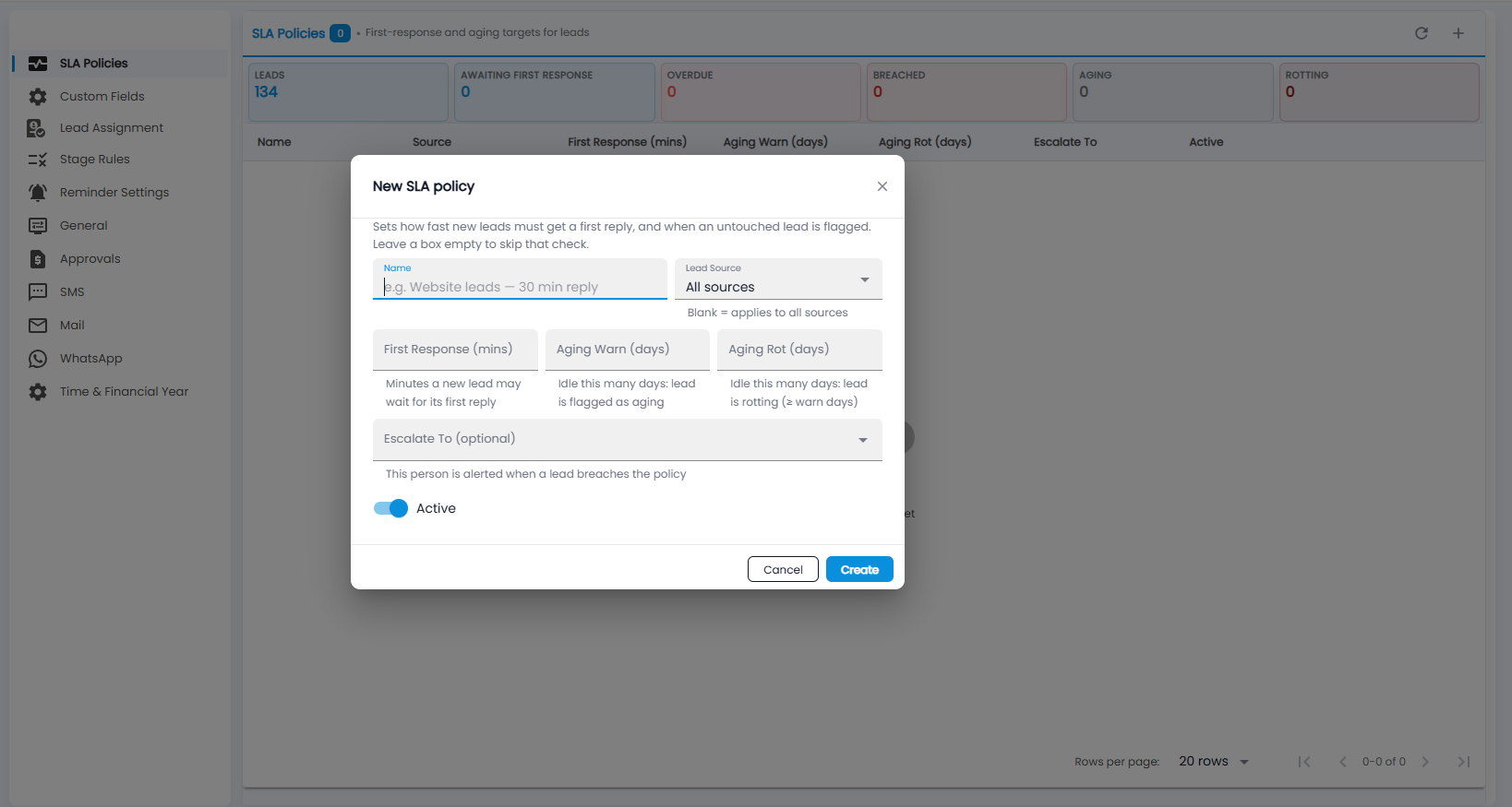 Tazk CRM New SLA policy dialog with name, lead source, first response, aging warn, aging rot, escalate to and Active