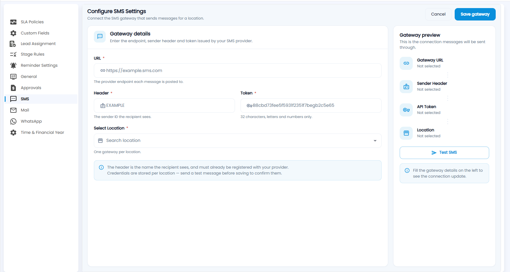Tazk CRM Configure SMS Settings with URL, header, token and location, the gateway preview and Test SMS